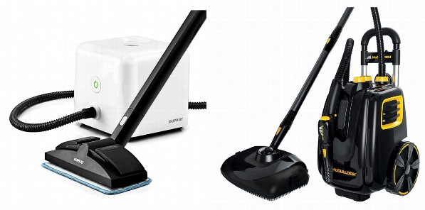 Side by side photos of Dupray Neat Steam Cleaner and McCulloch MC1385 Deluxe steam cleaners.