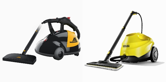 Side by side photos of McCulloch MC1275 and Karcher SC 3 EasyFix steam cleaners.