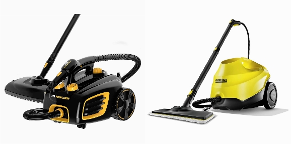Side by side photos of McCulloch MC1375 and Karcher SC 3 EasyFix steam cleaners.
