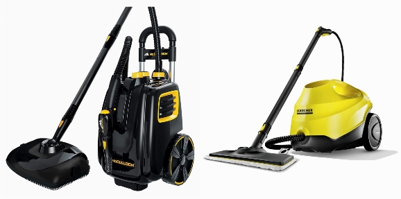 Side by side photos of McCulloch MC1385 Deluxe and Karcher SC 3 EasyFix steam cleaners.