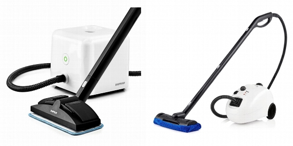 Side by side photos of Dupray Neat Steam Cleaner and Dupray Home steam cleaners.